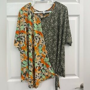 Cato Green Orange Floral Asymmetrical Faux Wrap Tie Women's Blouse Shirt Top